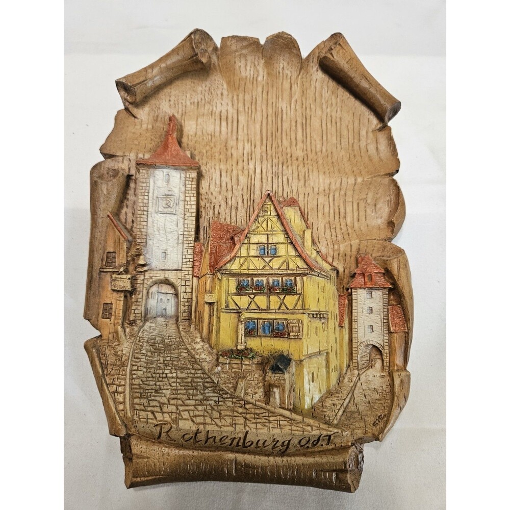 Vintage 3D Carved Resin  Plonlein Rothenburg Germany Scroll Picture Souvenir